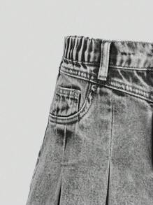 SHEIN Tween Girls Vintage Washed Denim Fashionable Versatile Comfortable Casual Minimalist Elastic Waist Pleated Denim Skirt