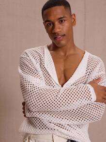Musero Men V Neck Oversized Crochet Long Sleeve Top Spring Summer Vacation Easter Streetstyle - White - View 4