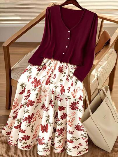 GlowEve CURVE 大码女士秋冬套装，包含酒红色长袖上衣、纽扣夹克和碎花裙。休闲、优雅、复古、浪漫风格，适合工作或度假。