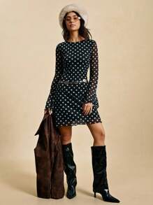 Easelle 时尚黑色圆点网眼喇叭袖女式连衣裙 - 黑色 - 查看 3