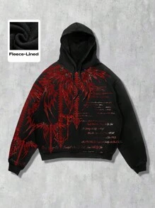 ROMWE MEN Goth 男士休闲标语十字印花连帽卫衣，秋冬季长袖上衣