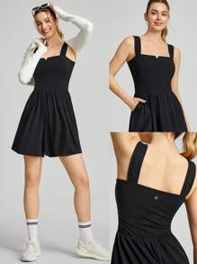 GLOWMODE FeatherFit™-Air Modal Pocket Ruched Sports Romper Daily Casual Summer Quick Dry Moisture Wicking - Black - View 7