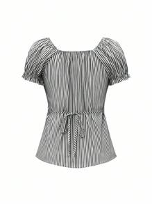 Zielony Women's Casual Striped Ruffle Trim Button Front Shirt, Summer Gray Top Women Tops Short Sleeve Tops Striped Top Square Neck Tops