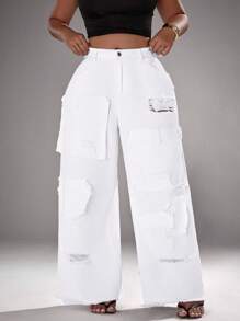 Slaydiva Plus Size Casual Solid Color Patch Distressed Wide Leg Jeans - White - View 1