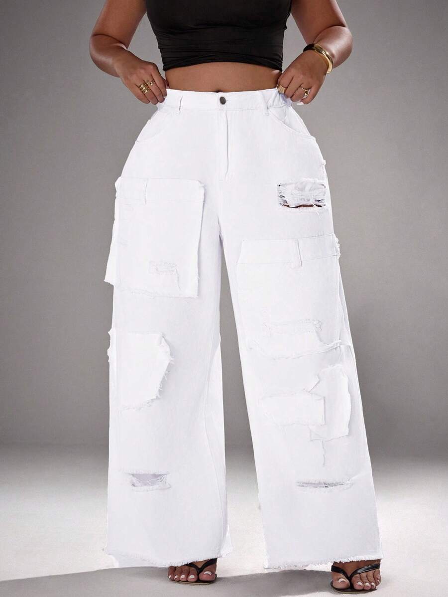Slaydiva Plus Size Casual Solid Color Patch Distressed Wide Leg Jeans - White - View 1