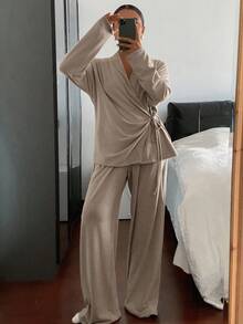 DAZY Minimalist Relaxed Fit Knit Women Lounge Set, Fall Winter Clothes, Cozy Outfits - Khaki - View 3