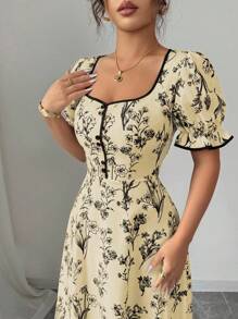 Elenzga Women's Vintage Elegant Floral Print Square Neck A-Line Maxi Dress, Suitable For Casual, Vacation, Daily Gathering, Spring/Summer