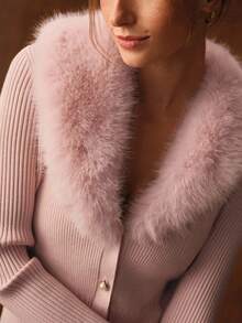 MOTF PREMIUM CONTRAST FAUX FUR SHAWL COLLAR SLIM FIT FAUX PEARLS BUTTON PLACKET CARDIGAN ,FALL - Pink - View 3