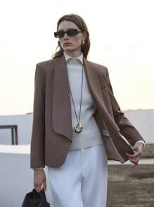 Uhlyne 女式不对称领宽松长袖 TR 羊毛混纺西装外套 - 棕色 - 查看 6