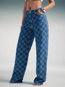Denimoi Checkered Print Straight Leg Relaxed Fit Denim Jeans - Dark Wash - View 4