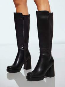 SHUZIA 女士时尚舒适粗跟及膝靴，黑色 - 黑色 - 查看 3