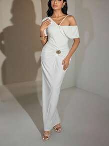 Modelyn Women's Elegant Solid Color Asymmetrical Collar Long Dress, Summer, All White Party Outfit - White - View 6