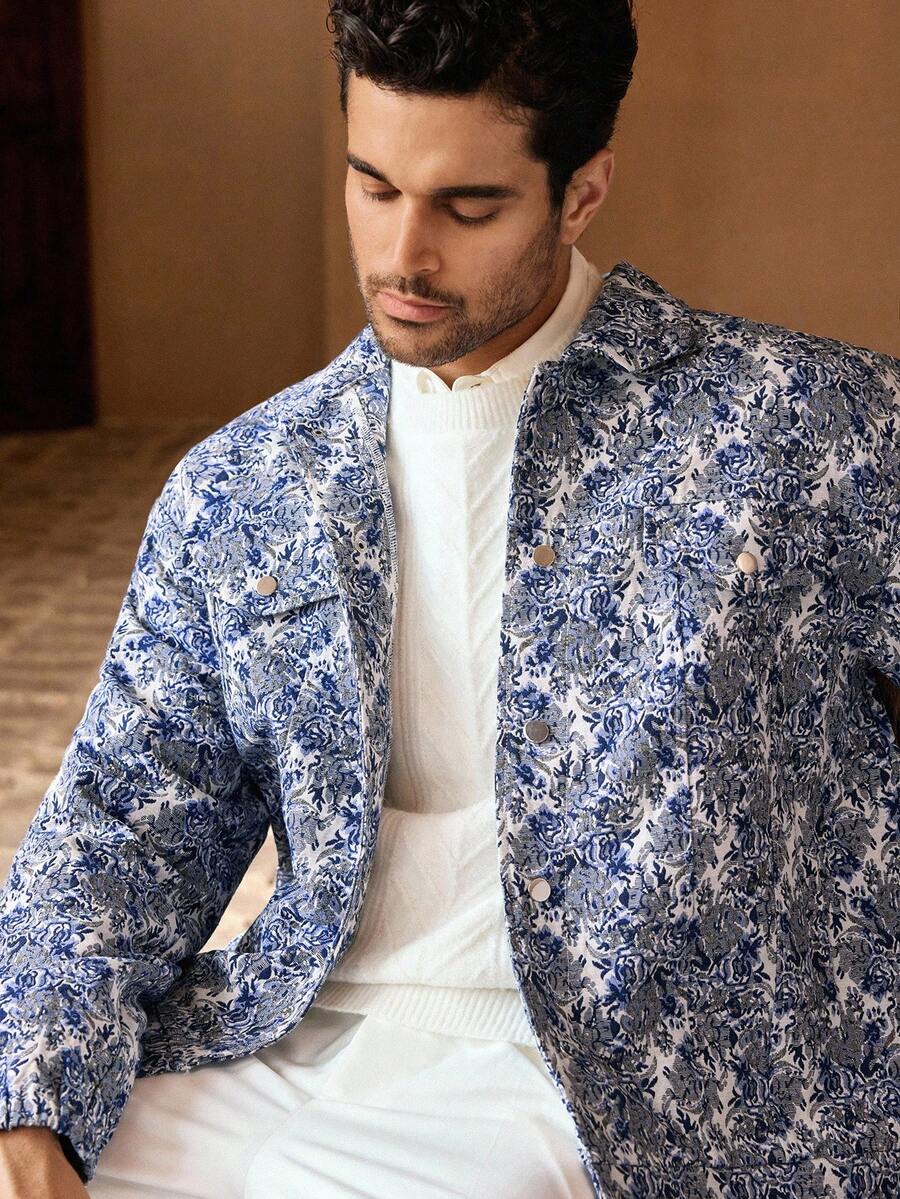 Manfinity NXTstreet Chaqueta suelta de hombro caído con estampado floral casual para hombre, adecuada para primavera y otoño. Blazer floral para hombre azul, chaqueta de boda con estampado floral para hombre, chaqueta floral azul y blanca para hombre, chaqueta con estampado floral para hombre, chaqueta floral azul para hombre, para otoño e invierno - Azul - Ver 1