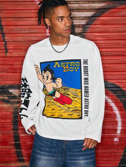 Astro Boy X ROMWE بلوزة رياضية بياقة طاقم ذات نمط كرتوني عادي للرجال للاستخدام اليومي