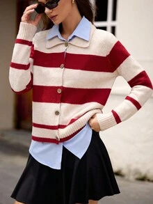 Hanevo 女式条纹插肩袖单排扣休闲宽松针织开衫 - 杏色 - 查看 4