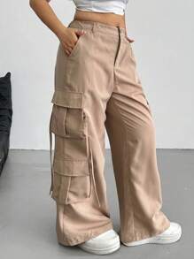 SHEIN Tall CURVE Pantalones casuales holgados de pierna ancha con bolsillos cargo de unicolor para mujer de talla grande - Caqui - Ver 4