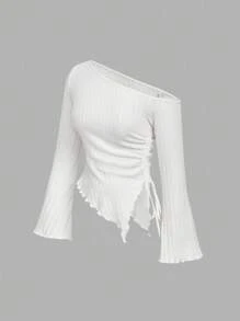 SHEIN MOD 两件装黑白女式不对称下摆喇叭袖T恤，带抽绳，不对称领口，罗纹袖，喇叭袖，单袖上衣，适合返校季、教师、可爱女性、万圣节服装、商务休闲女性、办公室女性穿着。 - 黑與白 - 查看 5