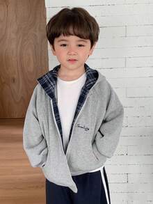 DAZY Kids Fall Clothes, Young Boys Thermal Lined Jacket, Patchwork Plaid Hooded, Casual Loose Fit, Letter Print, Minimalist Style, Autumn