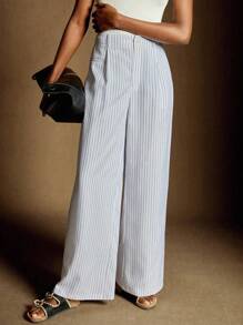 Écloséra 女士时尚黑白条纹百褶高腰裤，春秋款 - 黑與白 - 查看 5