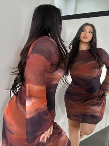 Firerie Plus Size Women's Ombre Gradient Print Backless Flare Sleeve Mini Mesh Sheer Sexy Flare Sleeve Dress, Vacation Dress, Sexy/Vacation/Beach/Romantic/Music Festival/Casual/Music Festival Art Print Gradient Pattern Short Dress With Waist And Back Tie Clothes For Women Abstract Print Dress Slay Diva Dress Curvy Dress Long Sleeve Dresses Curvy Summer Spring - Multicolor - View 4