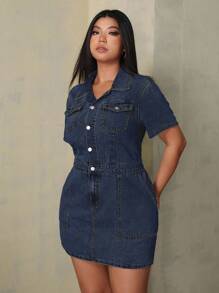 SHEIN Tall CURVE Plus Size Women's Short Sleeve Button Half Placket Pocket Design Casual Denim Dress