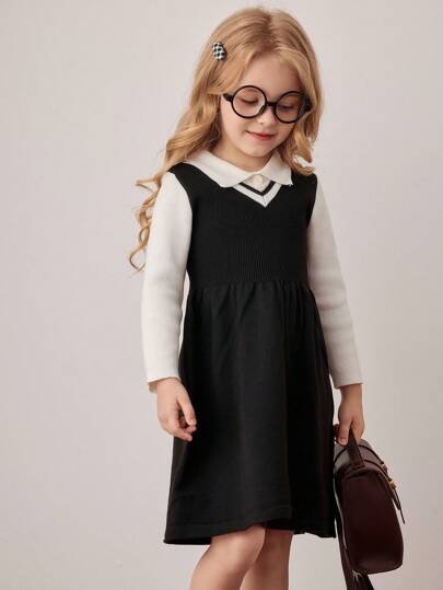 PrepCrw Young Girls' Collegiate Style Color Block 2 In 1 Collared Long Sleeve Knit Dress Girls Black Dress With White Cardigan Black And White Kids Dress Girls Collared Dress School Dress Kids Girl Uniform Clothes Black White,In Fall/Winter