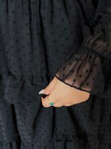 Lyrianda 全新优雅雪纺纹理波尔卡圆点蝴蝶结装饰胸围泡泡袖腰部收紧喇叭下摆连衣裙 - 黑色 - 查看 4