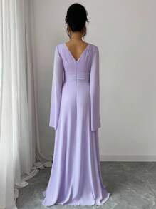 Rafferiza 紫色时尚简约优雅 V 领褶皱网眼灯笼袖女式春夏连体裤，搭配同色飘逸网眼装饰设计新颖女士连体裤 - 淡紫色 - 查看 2