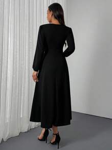 EURMUSE Vestido largo y elegante de mujer con pliegues y cinturón - Negro - Ver 2