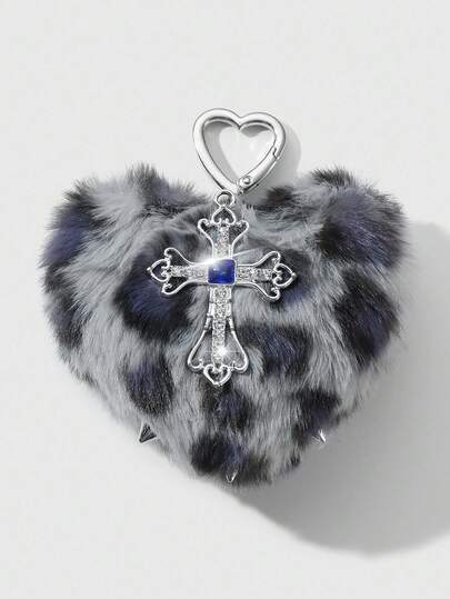 Kawaii 1pc Y2K Retro Chic Punk High-End Gray Faux Fur Animal Print Rivet 3D Heart Crystal Hollow Cross DIY Keychain Bag Charm, Suitable For Women, Daily Wear, Holiday Gift