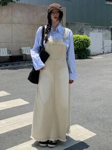 DAZY 女士休闲水洗毛边长款牛仔连衣裙 夏季女装 - 米色 - 查看 3