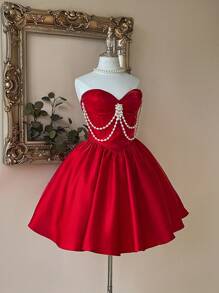 SHEIN Belle 优雅华丽的红色仿珍珠链装饰胸泡泡筒连衣裙适合圣诞晚宴单身派对约会生日婚礼、返校季舞会礼服、婚礼宾客礼服 - 紅色 - 查看 4