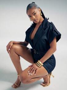 Denimoi Notched Collar V-Neck Rolled Sleeves Belted Denim Romper - Dark Wash - View 3