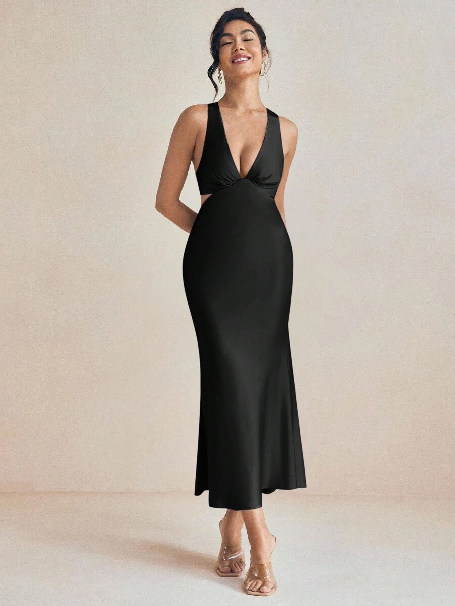 Amiko Solid Black Bias Drape Satin Slip Dress With Tie Back Wedding Elegant Dress Summer Vacation - Black - View 1