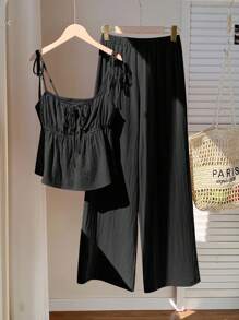 SHEIN EZwear 2件套大码女式休闲黑色细肩带上衣和宽松裤子套装 - 黑色 - 查看 2