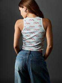 Missguided x Playboy All Over Print Retro Style Cami Top With Script Pattern Sleeveless Tank Casual Y2K Ribbed Fashion Summer Spring Festival Trendsetter Classic Fitted - Grey - View 2