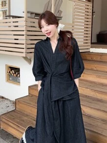 DAZY 2pcs Women's Korean Style Tie-Up Long Sleeve Shirt & Denim Skirt Suit, Spring/Autumn - Blue - View 2