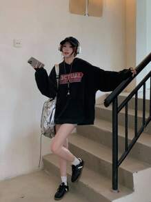 DAZY Sudadera holgada con capucha y estampado de arte callejero casual para mujer, sudaderas para primavera/otoño - Gris - Ver 7