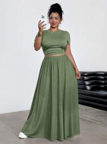 Dripcurv 2 件大码套装：休闲弹力短袖上衣和长款紧身裙，灰色大码两件套裙套装大码女式 2 件套