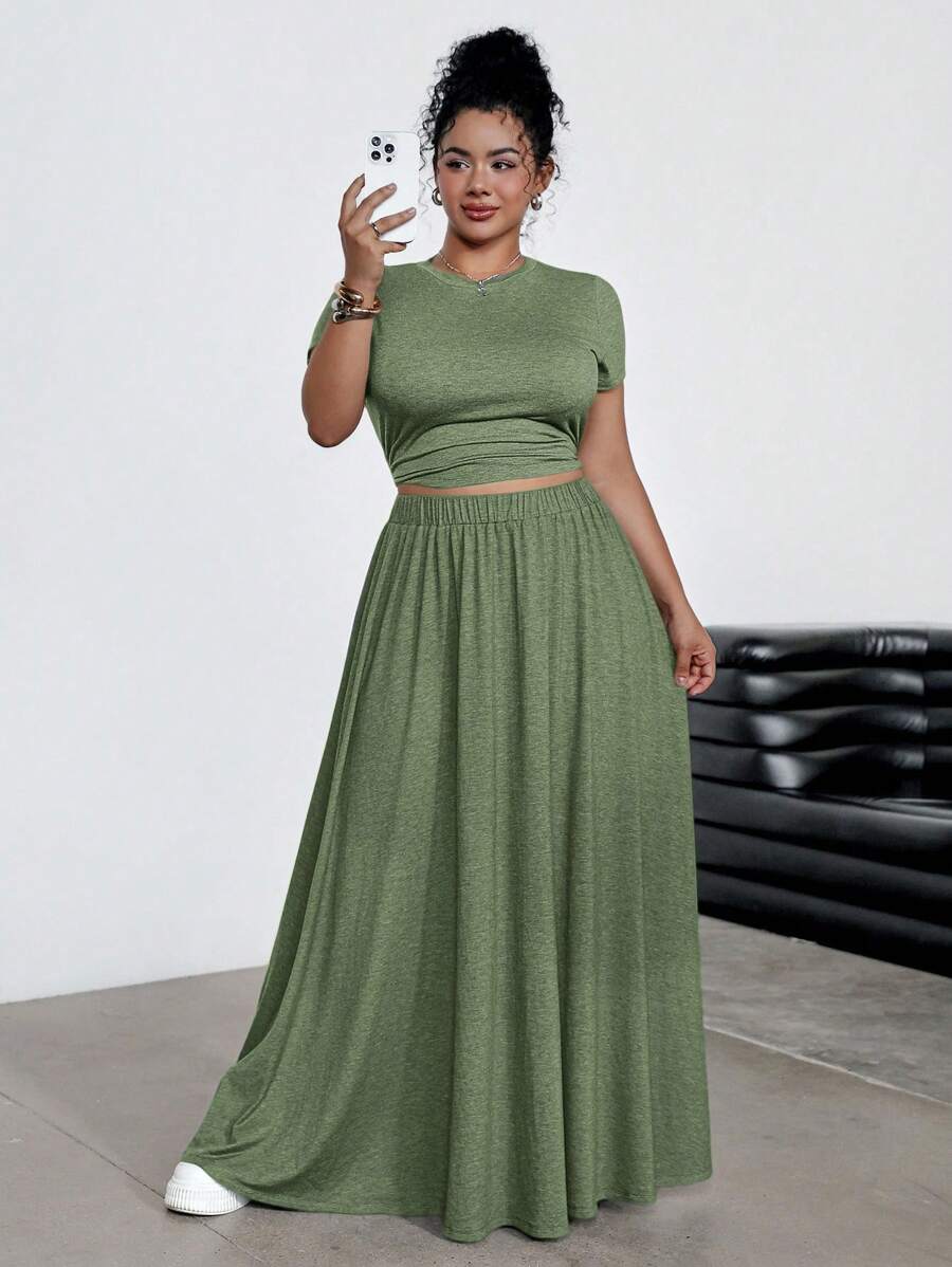 Dripcurv 2 件大码套装：休闲弹力短袖上衣和长款紧身裙，灰色大码两件套裙套装大码女式 2 件套