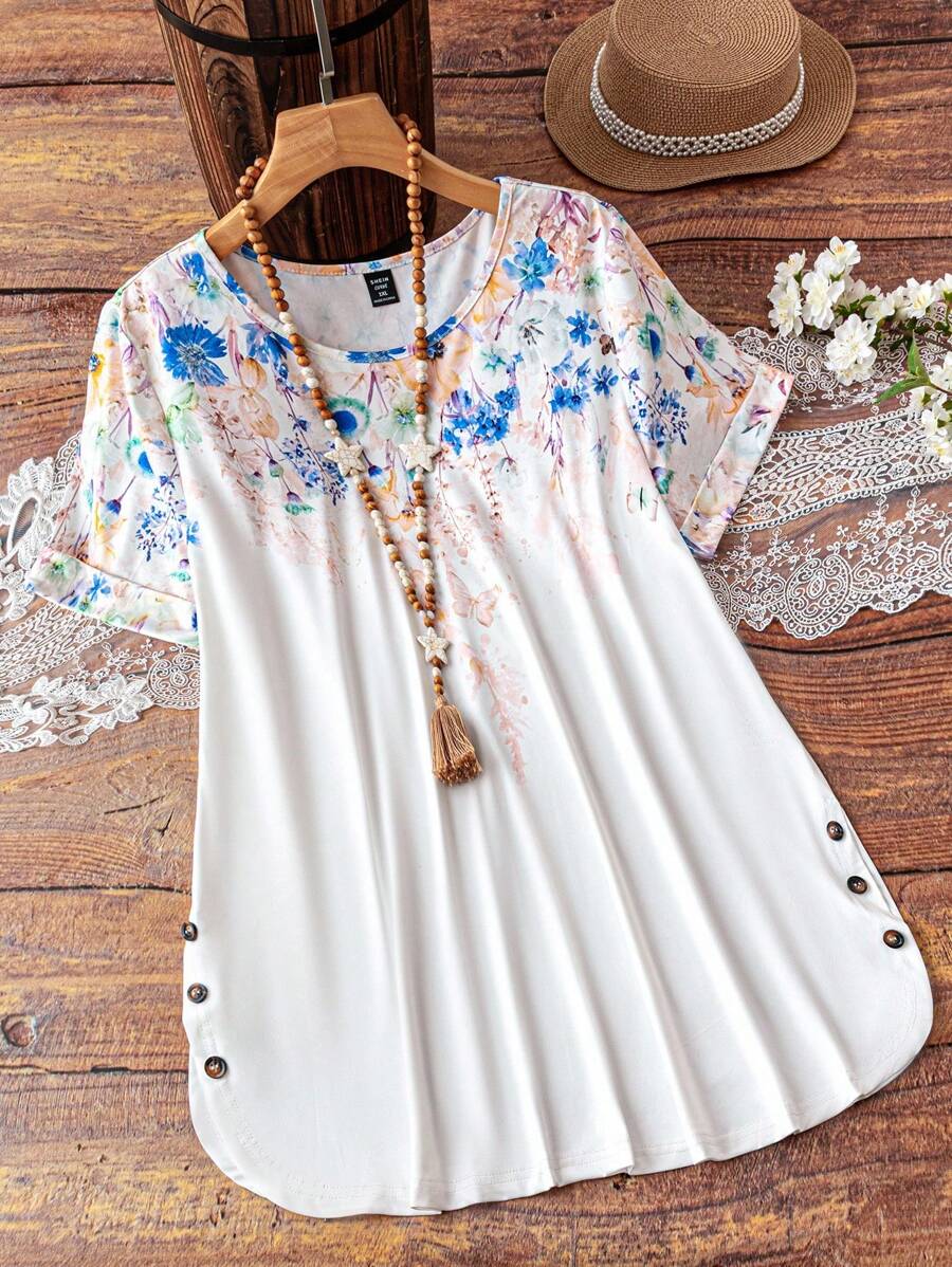 EMERY ROSE 大码彩色印花圆领短袖T恤 - 藍色 - 查看 1