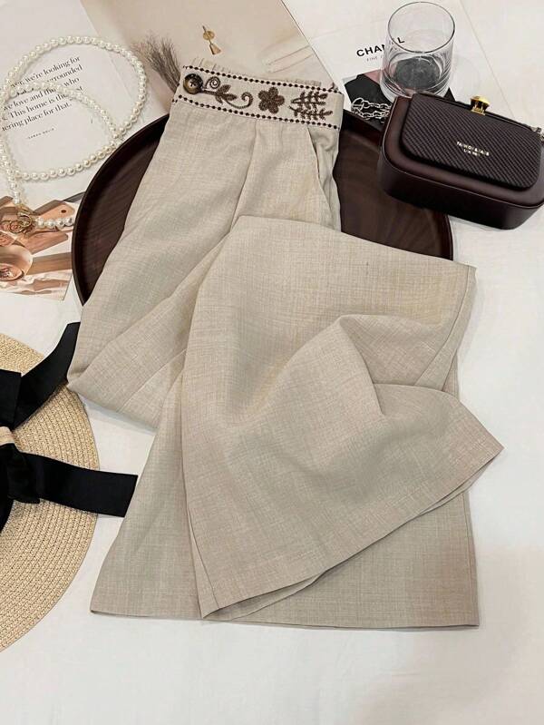 SHEIN Clasi 2025 Sommer & Herbst Neue Vintage Hoch Taillierte Locker Lässige Bestickte Weite Hose, Eleganter Entspannter Stil Geeignet Für Arbeit, Lässig, Pendeln, Urlaub, Geschäft, Feiertage, Unabhängigkeitstag, Schulanfang, Lehrertag, Hochzeit, Party, Musikfestival, Halloween, Erntedankfest