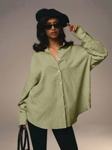 Athîral Women's Front Button Collar Long Sleeve Pink Striped Minimalist Blouse Valentine's Day Green