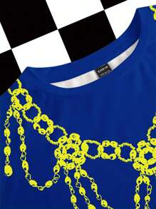 Studio Chunk Women's Blue Yellow Casual Loose Fit Crew Neck Long Sleeve T-Shirt, Suitable For Autumn/Winter, Party, Club, Daily Wear, Distressed, Faux, Cross, Metal Chain, Flame, Halloween, Dark, Streetwear, Y2K,Royal Blue Tops Flame Sleeve Shirt - Blue - View 3