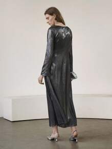 Uhlyne 女士简约度假连衣裙，V 领长袖手工褶裥系带裹腰连衣裙，金属灰色，秋季