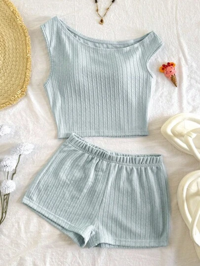SHEIN 青少年女孩休闲度假 2 件套：纹理针织不对称肩上衣和紧身短裤，适合派对、海滩、游轮、节日、夏季