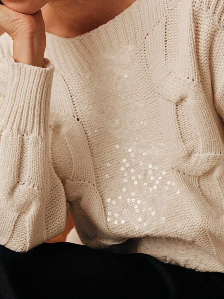 CABLE KNIT CONTRAST SEQUINS DROP SHOULDER LOOSE SWEATER, AUTUMN/WINTER