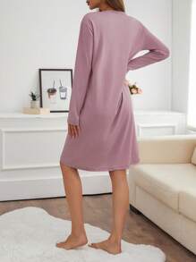 EURMUSE Damska sukienka piżamowa z okrągłym dekoltem i długim rękawem w kontrastowym kolorze, z napisami i nadrukiem - Jasnofioletowy - Zobacz 2