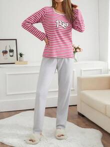EURMUSE Set pigiama da donna composto da 2 pezzi, maglia a maniche lunghe con ricamo a lettere e pantaloni a costine a righe, comodo abbigliamento da casa e relax