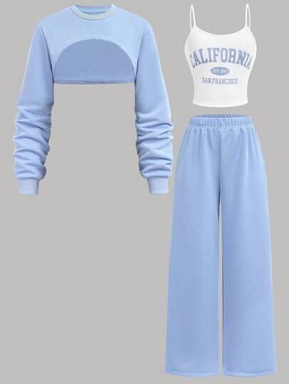 SHEIN Girlism 3pcs/Set Teen Girls Casual Sweatshirt With Printed Camisole And Wide Leg Sweatpants Outfit Fall Winter